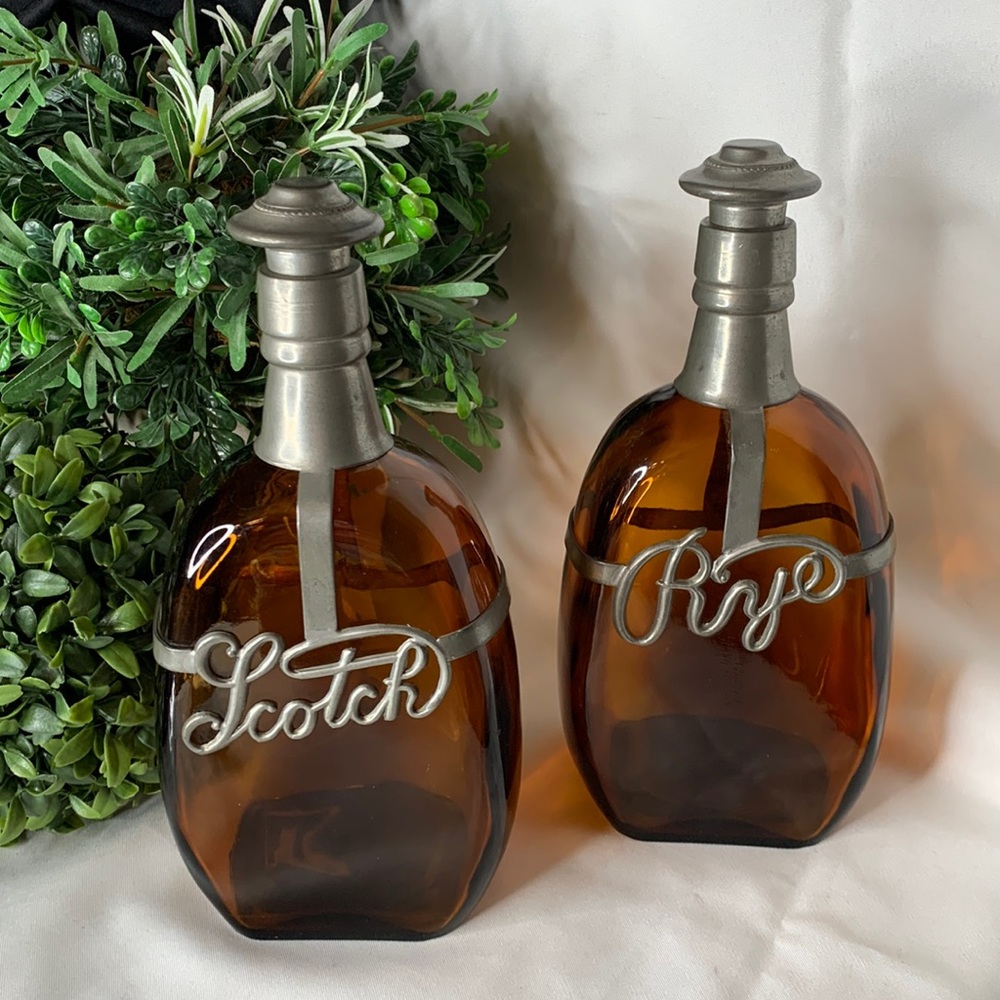 2 vintage dark amber brown glass liquor bottles with scotch & Rye pewter script